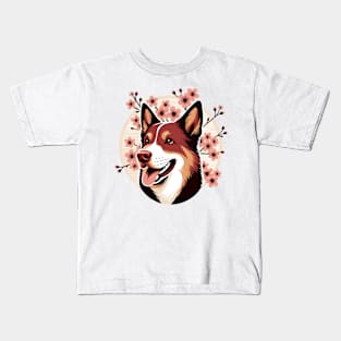 Australian Kelpie Enjoys Spring Amid Cherry Blossoms Kids T-Shirt